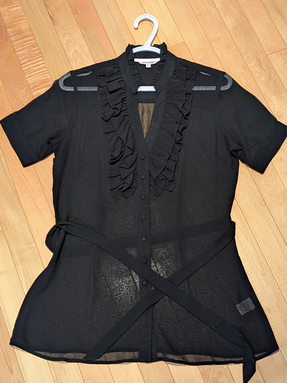 RW&CO Elegant Black Sheer Ruffle Front Button Blouse